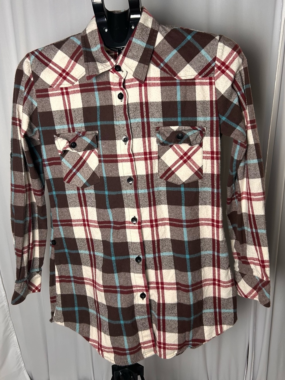 Men's Brown Plaid Button-Down Shirt with Red and Blue Accents